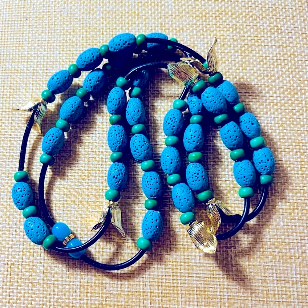 Gold Petals Green Turquoise Blue Lava Necklace
